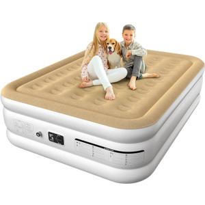 Air Mattress Queen with Built in Pump, Portable Air Bed for Camping & Guest, Antileak Blow Up Mattress with Soft Flocked Top, Foldable Queen Air Mattress with Built in Pump (18 Inches - Beige & White)