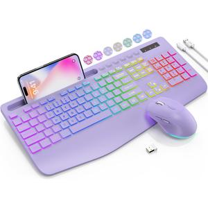 SABLUTE Wireless Keyboard and Mouse Combo, 9 Backlit Effects, Wrist Rest, Phone Holder, 2.4G Lag-Free Ergonomic Keyboards, Rechargeable Silent Cordless Set for Computer, Laptop, Mac, Windows (Purple)