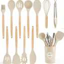 Silicone Cooking Utensil Set,12 PCS Cooking Kitchen Utensils Set, Nonstick Kitchen Utensils 446F Heat-Resistant Cookware Kitchen Tools of Spoon,Brush,Whisk,Spatula,Turner Tongs (Khaki)