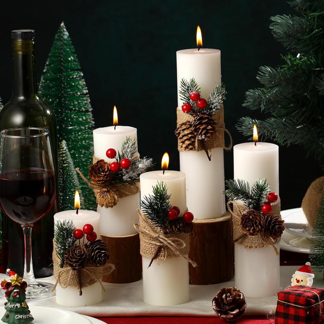 5 Pcs Christmas Pillar Candle 5 Size White Pillar Handmade Soy Wax Candles Holiday Decor Gift for Bedroom Bathroom Indoor Outdoor Home Dinner Party Decoration