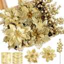 Kimkusia 24 Pcs Gold Christmas Tree Decorations Kit Poinsettias Artificial Christmas Flowers Decorations Set Christmas Ribbon Garland for Christmas Tree