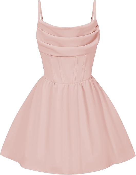 EXARUS Girls Summer Formal Dress Tween Party Dance Graduation Teen Junior HOCO Ruffle Mini Elegant Dresses  Spaghetti Strap Light Pink 16Y