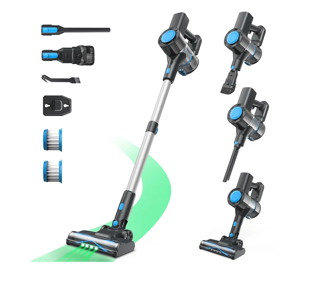 Cordless Vacuum Cleaner, Powerful Lightweight Stick Vacuum with Self-Standing, Anti-Tangle, 8-in-1 Rechargeable Vacuum Cleaners for Home, Hardwood Floors, Carpet, Pet Hair (Blue)