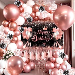 80 PCS Rose Gold Happy Birthday Party Balloons Decoration Set with Photo Background Backdrop Banner Cloth 3 PCS 18inch Metal Balloons Pink Gold Party Supplies for Girl Women