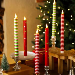 Baquler 6 Pcs Christmas Flameless Taper Candles 10.6 Inch Red Green and White Striped Dots Candles Battery Operated LED Christmas Candlesticks for Xmas Centerpiece Holiday Party Decor