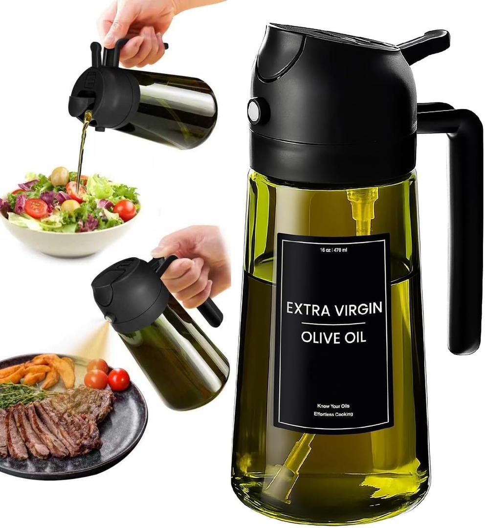 16oz/470ml Glass Olive Oil Sprayer for Cooking - 2 in 1 Olive Oil Dispenser for Kitchen Gadgets, Air Fryer, Salad, and BBQ (black)