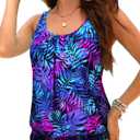 Yonique Womens Blouson Tankini Top No Bottom Loose Fit Swim Top Modest Tank Top (X-Large, Blue Leaves)