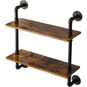 IBUYKE 26" Pipe Floating Shelves,2-Tiers Industrial Pipe Shelves, Rustic Wall Mount Bookshelf,Metal Bracket Storage Wall Shelf for Bedroom, Kitchen, Living Room, Bathroom RF-TM004