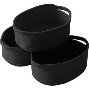 Woven Basket,Small Rope Storage Bin with Handles & Ribbon Bag, Organizer for Shelves Closets,Gift Basket Empty for Birthday,Books,Dog Toys, Black/1 Pack