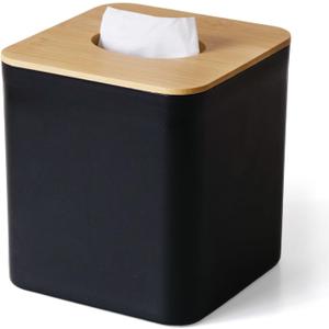 Black Tissue Box Cover, Square Tissue Box Holder with Bamboo Cover Plate, Cube Tissue Box Cover for Desk Accessories, Tissue Holders Decorative Square Tissue Box Tissue Holders for Bathrooms Bedrooms