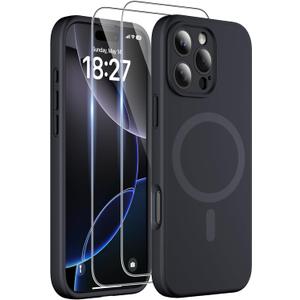 Magnetic for iPhone 16 Pro Max Case, Compatible with MagSafe, Two 9H Screen Protectors, Full Camera Protection, Military-Grade Protection Silicone Phone Cover for 16 Pro Max 6.9", Black