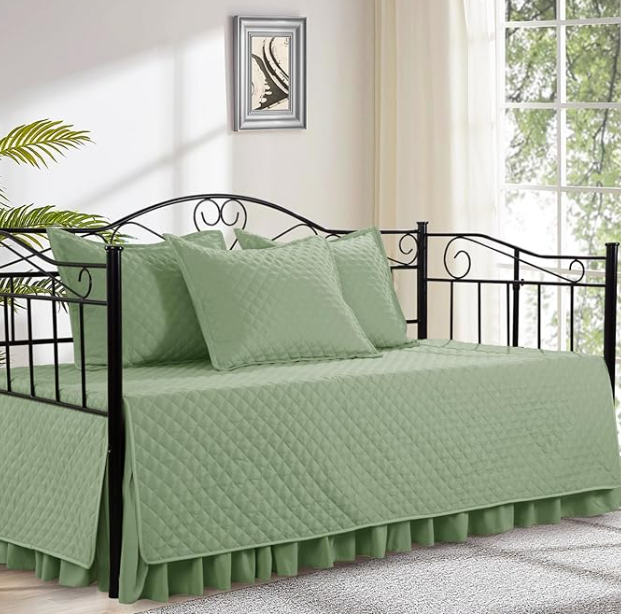 HOMBYS Daybed Cover Sets Diamond Stitching Daybed Bedding Set, All Season Cozy Bedding with Bedskirt with Shams, Microfiber Filling, 5 Pieces, Sage Green