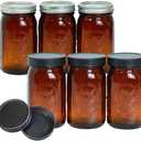 Jumterlee 6 Pack 32 oz Amber Mason Jars, Wide Mouth Mason Jars with Lids and Bands and 6 Black Plastic Mason Jar Lids, Canning Jars Used for Canning, Pickling, Juice, Jam, Jelly