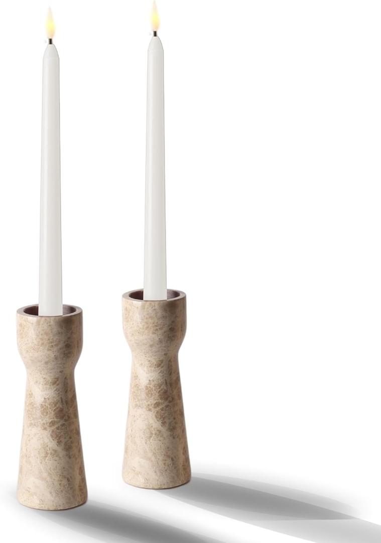 WORHE Candle Holders Italy True Natural Marble Set of 2 Pillar Taper Candlestick Holder for Home Dinning Party Wedding Modern Christmas Decor Premium Candles Stand Light Brown (WH009)
