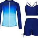 Funnycokid Girls Swimsuit 3 Pieces Zip Rash Guard Bathing Suits Set Kids Bikini Boyshort Summer Swimwear 3-14 Years (11-12 Years, Blue Gradient)