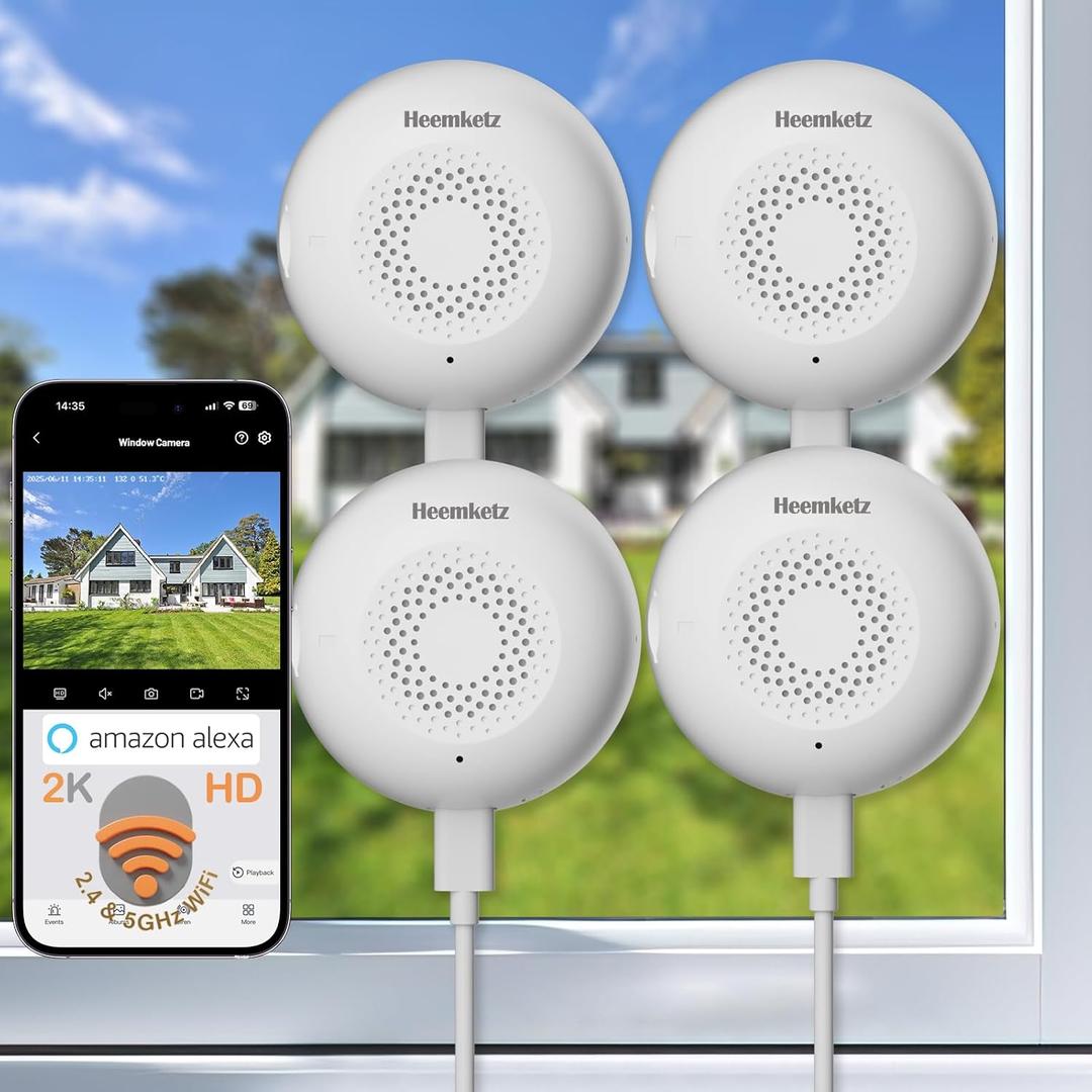 4 Pack Window Camera, 24/7 Recording, 3MP/2K Full-Color Night Vision, Human Detection & Alerts, 2.4/5GHz WiFi, Easy Install Security Camera, Alexa Compatible, Indoor Anti-Theft Camera