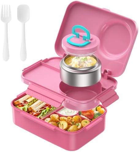 DaCool Kids Bento Box with Thermo for Hot Food Leakproof 1500ml Lunchbox for Kids with 5oz Small Thermo for Girls with Fork Spoon for Dining Out Work School, Pink