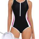 ATTRACO Athletic Swimsuit Women One Piece Bathing Suit Zipper Front Lap Swimwear for Women (Pink, L)