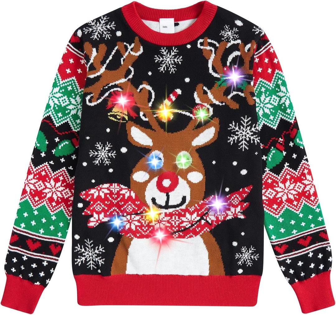 Kids Ugly Christmas Sweater Girls Size 6 Reindeer tracky Xmas Sweaters with led Light-up x-AMS fastive Pullover Jumper 5-6 Years (Black)