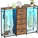Dresser for Bedroom with Clothes Rack 5 Drawer Dresser with Charging Station LED Lights White Chest of Drawers Flexible Shelf and Open Storage Space for Bedroom Living Room (Brown)