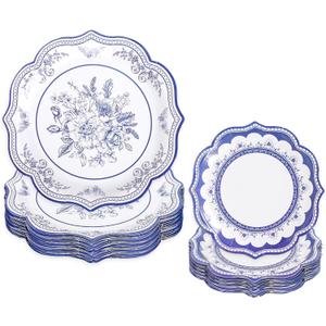 40 Pcs Paper Plates Chinoiserie Flower Scalloped Paper Plates 7 & 10 Inch Blue White Floral Disposable Plates for Wedding Birthday Spring Summer Party Table Supplies