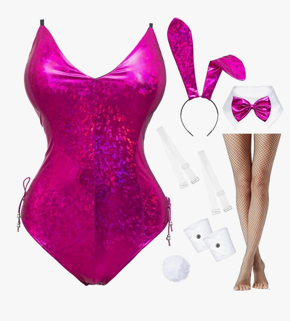 Womens Bunny Costume Girl Bodysuit Holographic Shining Suit Sparkle Costume Senpai Cosplay Bodysuit One Piece stockings Set, 2XL