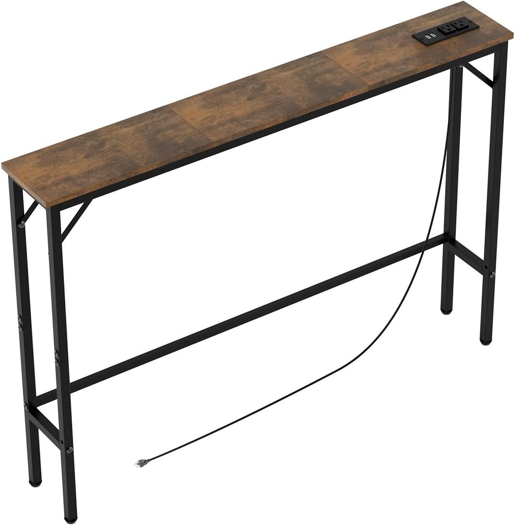 Aduanbang 5.9" Console Table with Outlet – Narrow Sofa Table, Behind Couch Table for Living Room & Hallway, 5.9" x 39.4" x 30", Metal Frame, Rustic Brown