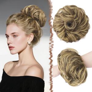 FESHFEN Large Messy Bun Hair Piece - Wavy Synthetic Chignon Scrunchies Elastic Ponytail Hair Extensions Thick Hairpieces for Women, Ash Brown & Blonde 1.94oz