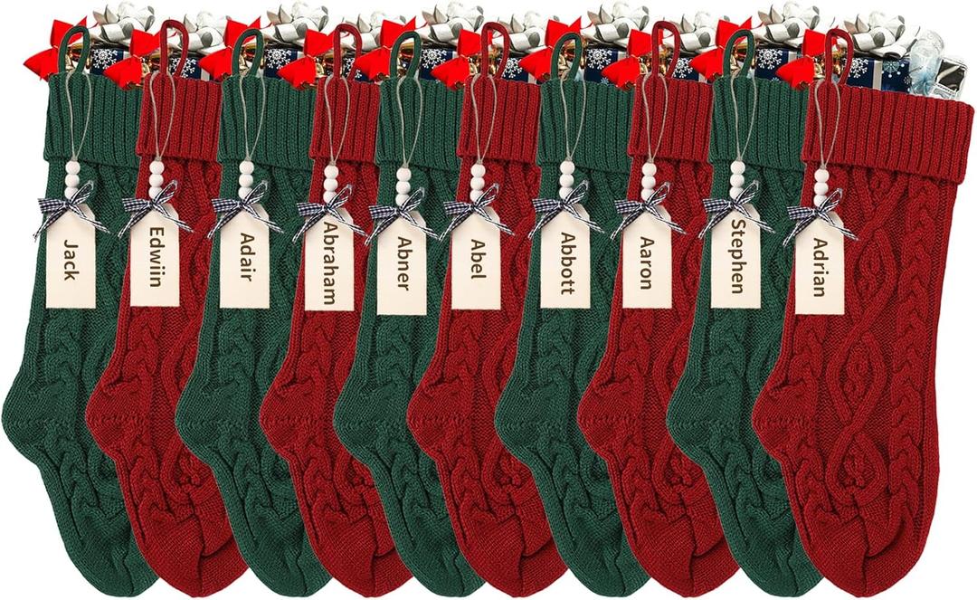 18 Inches Personalized Christmas Stockings: 10 Pack Red Green Knit Christmas Stockings Set with Name Tags Christmas Decor Neutral Xmas Decorations Holiday Farmhouse Indoor Rustic Home Decor