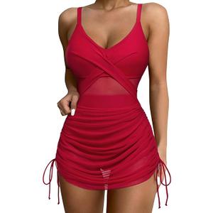 SUUKSESS Women One Piece Swim Dress Tummy Control Swimsuit Mesh Bathing Suit (Medium, Red)
