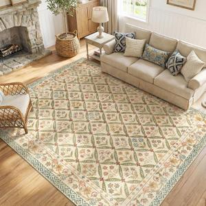jinchan Haden 8x10 Large Area Rug for Living Room Vintage Floral Cottage Rug Soft Non-Slip Low Pile Washable Bedroom Dining Room Home Decor Girls Dorm Carpet Teal Blue