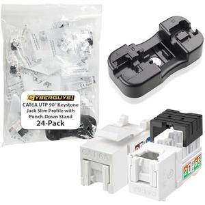 Cyberguys UTP 90° CAT6A Keystone Jack Slim Profile, White 24-Pack, 10Gbps High-Speed Network RJ45 Keystone Jack w/ Punch-Down Stand, ULCertified, Universal Keystones Fit, Durable Tool-less Termination