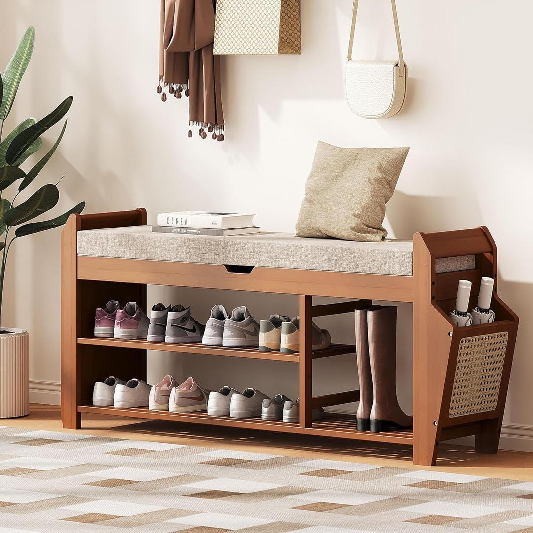39.4" Bamboo Shoe Rack Bench, 3-Tier Entryway Bench with Thick Cushion, Flip-Top & Side Storage, Holds Up to 550 LBS for Hallway, Living Room, Bedroom