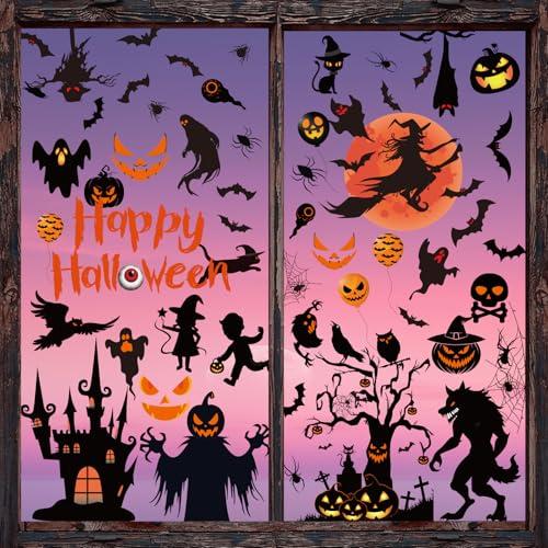 XZENTIRA 64 PCS Halloween Window Clings 9 Sheets Black Scary Bat Ghosts Pumpkin Double-Sided Window Stickers for Happy Halloween Party Decoration Glass Décor Indoor and Outdoor Pack of 2