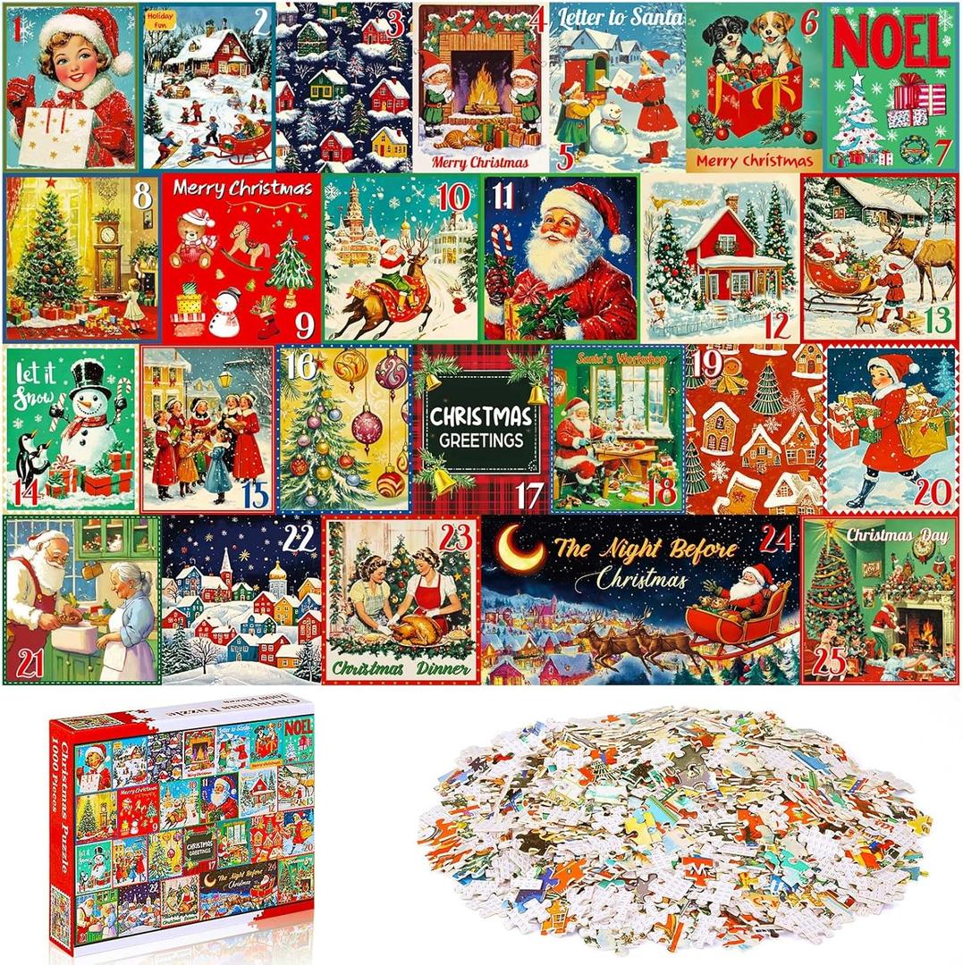 Civaner 1000 Sets Jigsaw Puzzles Winter Christmas Holiday Puzzles for Adults Christmas Calendar Countdown 2026 Xmas Jigsaw Puzzle Holiday Santa Puzzle Gifts Idea for Adults