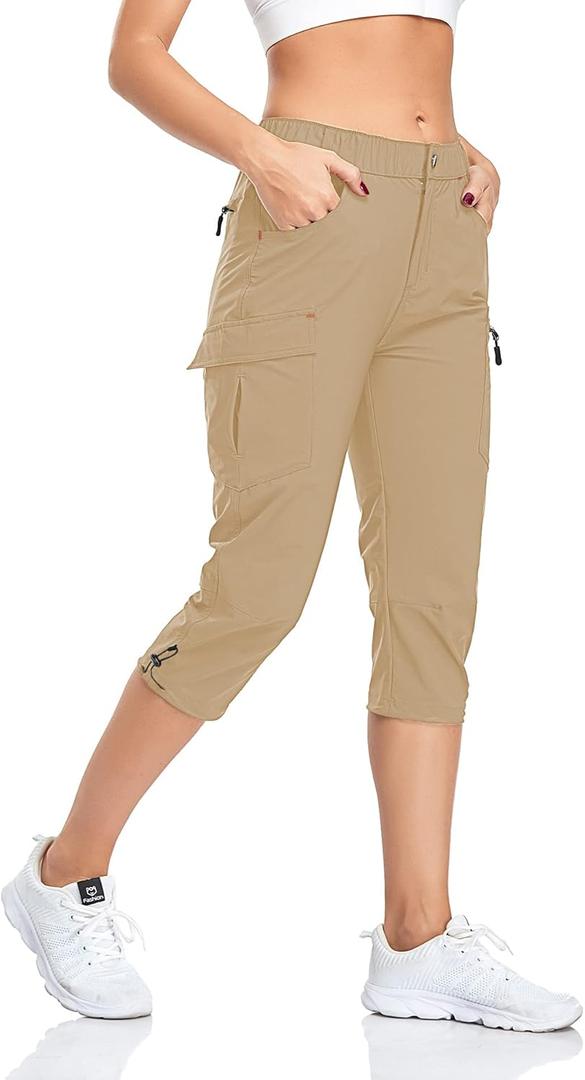 GymBrave Women's Hiking Cargo Pants Quick Dry Outdoor Camping Capris Water Resistant UPF 50 with Zipper Pockets Khaki, M