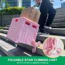 MACOPRO Foldable Utility Cart with Stair Climbing Wheels, Collapsible Rolling Crate with Telescoping Handle, Folding Shopping Trolley Handcart Grocery Book File Tool Teacher Storage Basket (Pink)