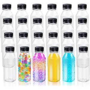 Honeydak 24 Pcs Empty Sensory Bottles Bulk with Black Lids 10 oz / 300 ml Clear Plastic Reusable Leakproof Juice Bottles Drink Container for Sensory Crafts Handmade Beverages Storage (Square)