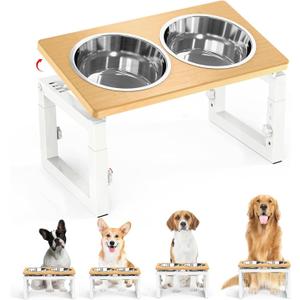 Dog Bowls Elevated, 4 Height & Angle Adjustable Raised Dog Bowl Stand, Elevated Dogs Bowl Stand For Medium Sized Pet, Sturdy Bamboo Dogs Feeding Station With 2x 48oz(6cup) Stainless Steel Dishes,White