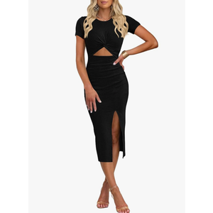 oten Women's Summer Short Sleeve Cutout Twist Front Side Slit Ribbed Knit Party Club Bodycon Midi Dresses, XS, Black