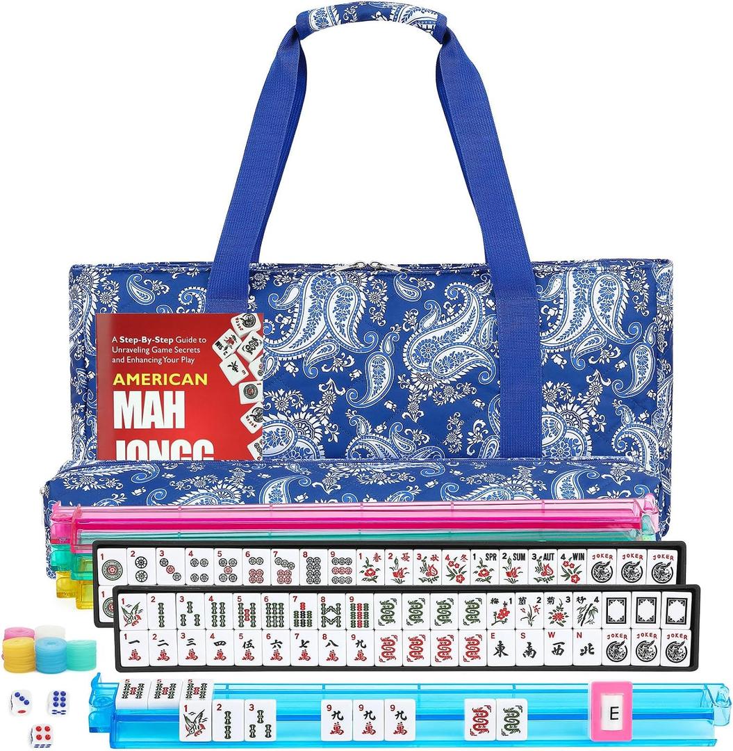 American Mahjong Set, 166 White Tiles with 4 Colors Acrylic Racks, Pushers, Flower Carrying Bag, Portable Travel Set