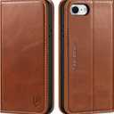 SHIELDON Wallet Case for iPhone SE 2022/2020, Genuine Leather Folio Magnetic Shock Absorbing Case Credit Card Holder Kickstand Compatible with iPhone 8/7 4.7" - Retro Brown