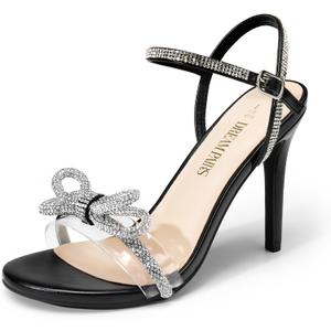 DREAM PAIRS Women's Heels Round Toe Rhinestone Double Bowknots Sparkly Stilettos Heeled Sandals Shoes for Party Evening (9, Black-pu)