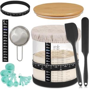 Large Sourdough Starter Jar 66 oz,Sourdough Starter Kit Wide Mouth with Ounce&ML Scale Line,Date Marked Feeding Band, Thermometer, Sourdough Jar Scraper, Cloth Cover & Bamboo Wood Lid (BLACK-66OZ/2L)
