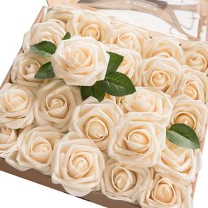 Ling's moment Artificial Flowers 50Pcs Cream Roses Decor w/Stems,3" Real Touch DIY Foam Floral for Wedding Bouquet/Centerpieces, Outdoors Party Backdrop, Room/Table, and Garden/Pot Decorations(2023)