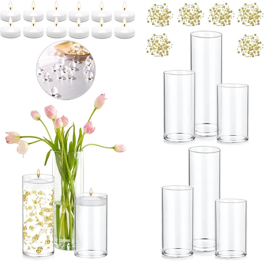 Set of  Glass Cylinder Vases for Centerpieces with 8 Pack Vase Filler 12 Pearl String 24 White Floating Candles for Table Centerpieces for Wedding Party Home Decor 5, 6, 8 Inch