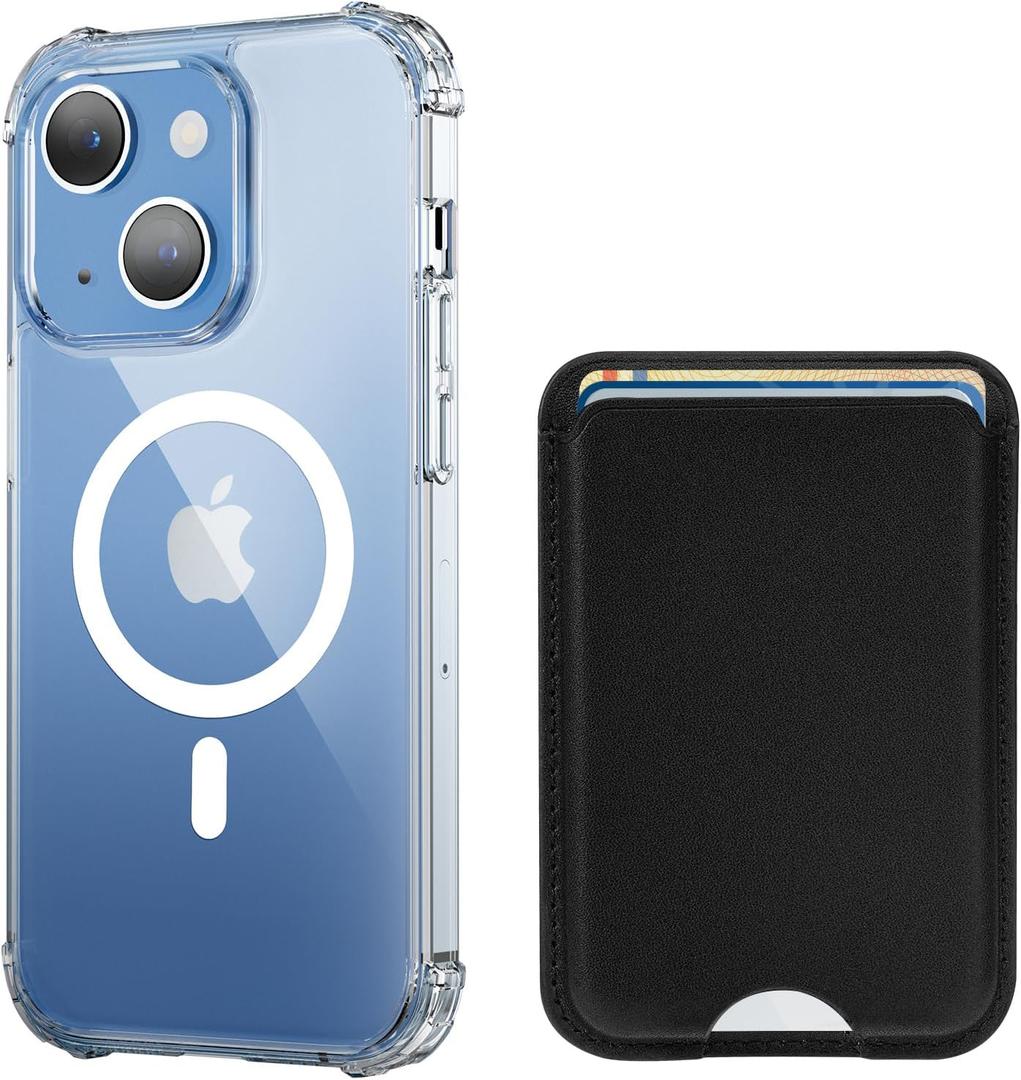 for iPhone 15 Case with Card Holder, Compatible with MagSafe Clear Case Magnetic Wallet, Anti-Yellowing & MIL-Grade Protective, Includes Detachable Black Leather Wallet Holds 3 Cards