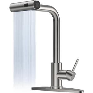 Feelso 4-Mode Kitchen Faucet with Pull Down Sprayer High Pressure Blade Spray, Waterfall & Turbo Rinse, Single Handle 1 or 3 Hole Stainless Steel Kitchen Sink Faucets for RV, Camper, Bar