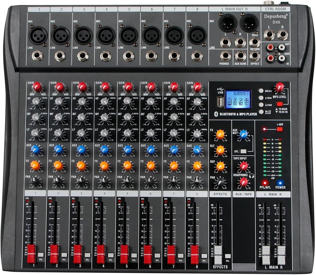 Depusheng Audio Mixer Professional 8 channel,DX8 Sound Board DJ Mixing Console System Interface USB MP3 Input Bluetooth 48V Phantom Power,Black, USB Audio Mixer for PC,for Studio Karaoke Live Music