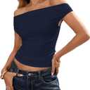Off the Shoulder Tops for Women Sleeveless Polka Dot Crop Tops Asymmetrical Ruched Shirts Summer Casual Y2K T Shirts (Blue, L)